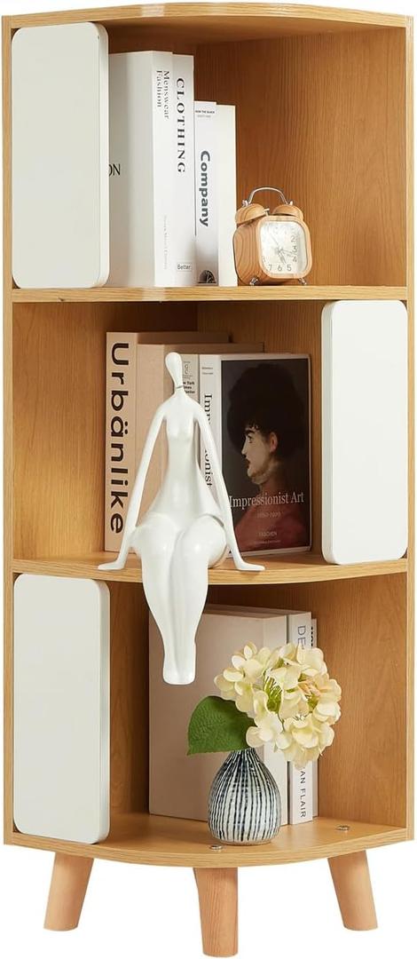 3-Tier Wood Corner Bookshelf, Nordic Style Modern Book Shelf, Tall Shelf & Thickened Wooden Layers, Sturdy Standing Bookcase for Living Room/Bedroom/Office, Easy to Assemble - Natural & White