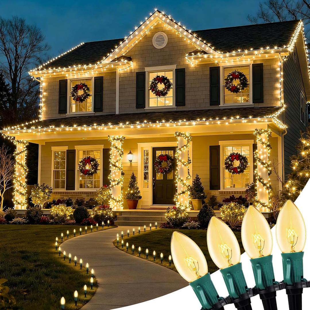 C9 Christmas Lights Outdoor, 4 Packs Total 102.8 Ft 80 Bulbs Christmas Pathway Lights, Waterproof Walkway Lights for Outside Driveway Sidewalk Outdoor Decorations Yard, Clear (Warm White)