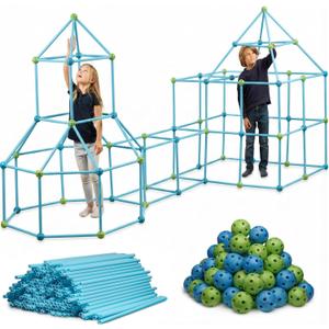 132 Piece Fort Building Kit - Indoor Play Engineering Set with Connecting Sticks & Balls - Creative STEM Building Toys for Kids Play Spaces, Tents & Hideouts (Blue)