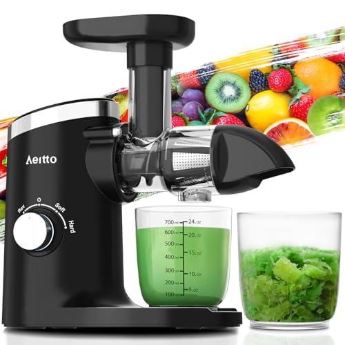 Aeitto Classic Horizontal Cold Press Juicer, Slow Masticating Juicer with Quiet Motor, High Juice Yield, Easy to Clean, Juicer Machines with Soft & Hard Modes for Fruits & Vegetables, Premium Black, Medium