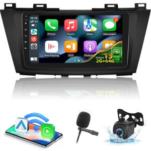 EKAT [2+64G] Android Car Stereo for Mazda 5 2010-2015 - 9 Inch Touch Screen Radio with Wireless Carplay, Android Auto, EQ, WiFi, GPS, SWC + AHD Backup Camera & MIC
