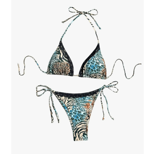 Verdusa Women's Leopard Halter Triangle Micro Bikini Set Swimwear Tie Side Thong 2 Piece Bathing Suits, M