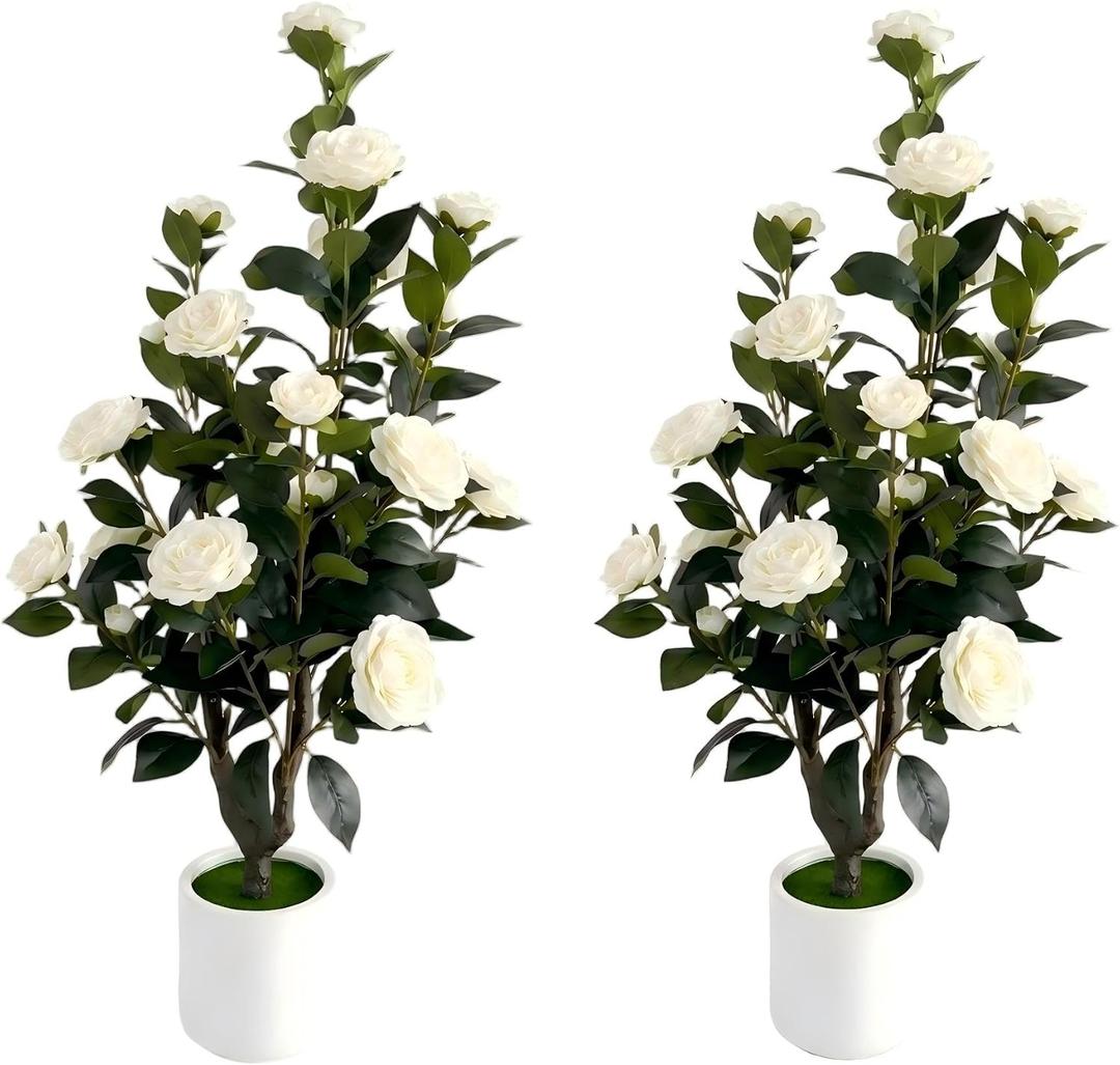 2 Pack 3FT Artificial Camellia Trees, 24 Realistic Silk Flowers & Buds, Faux Blooming Potted Plants in White Planters, 36" Fake Flowering Tree for Indoor Outdoor Home Porch Wedding Decor (White, 3FT)