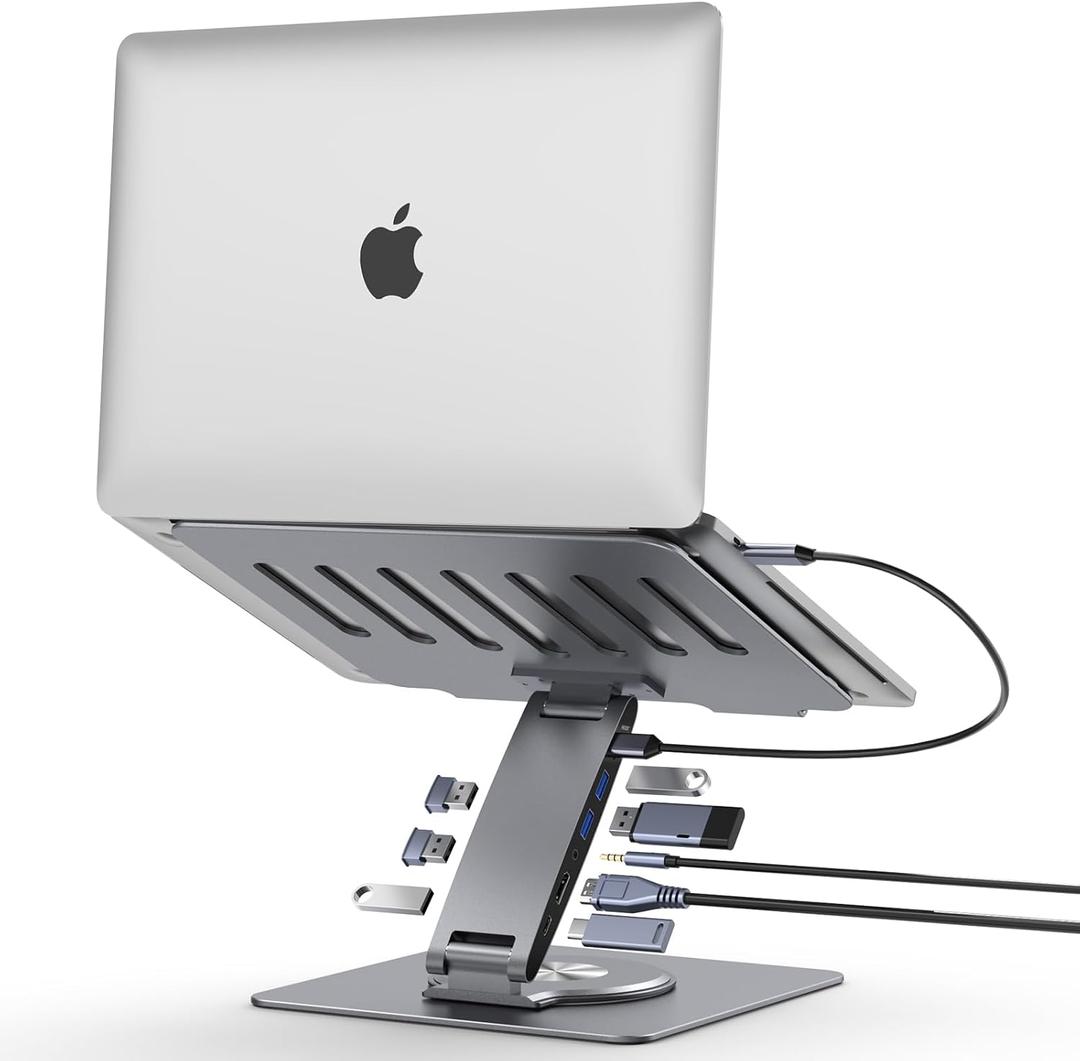 Laptop Docking Station Stand Dual Display 4K HDMI USB3.0 3.5mm Audio Jack 8-IN-1 360 Swivel Laptop Stand for Desk with USB-C Hub Multiport Adapter Universal for MacBook Pro/Air/Dell/HP/Surface/Lenovo