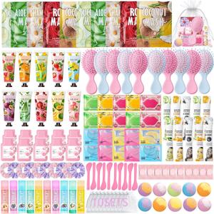 130 PCS Spa Party Supplies for Women, Include Face Masks Skincare, Hand Cream, Lip Balm, Lip Mask, Under Eye Patches,Hair Brush, Foot Bath Bombs,Spa Birthday Sleepover Party Supplies for Girls Women
