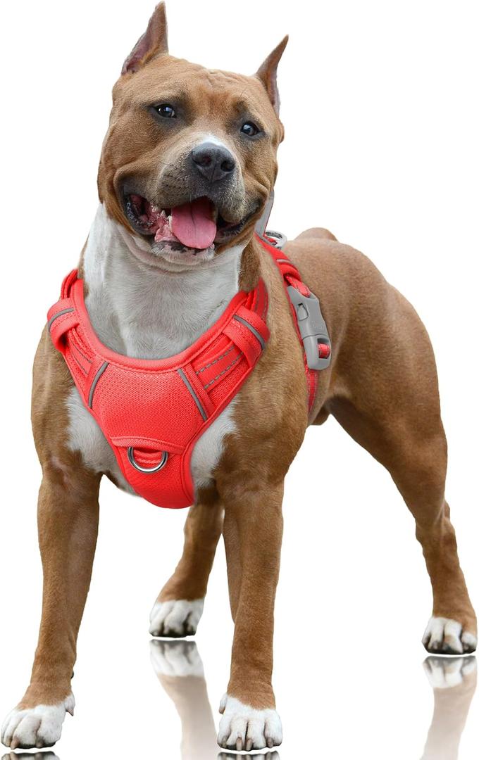 BARKBAY No Pull Dog Harness Large Reflective Dog Harness with Front Clip and Easy Control Handle for Walking Training Running with ID tag Pocket(Red,L)
