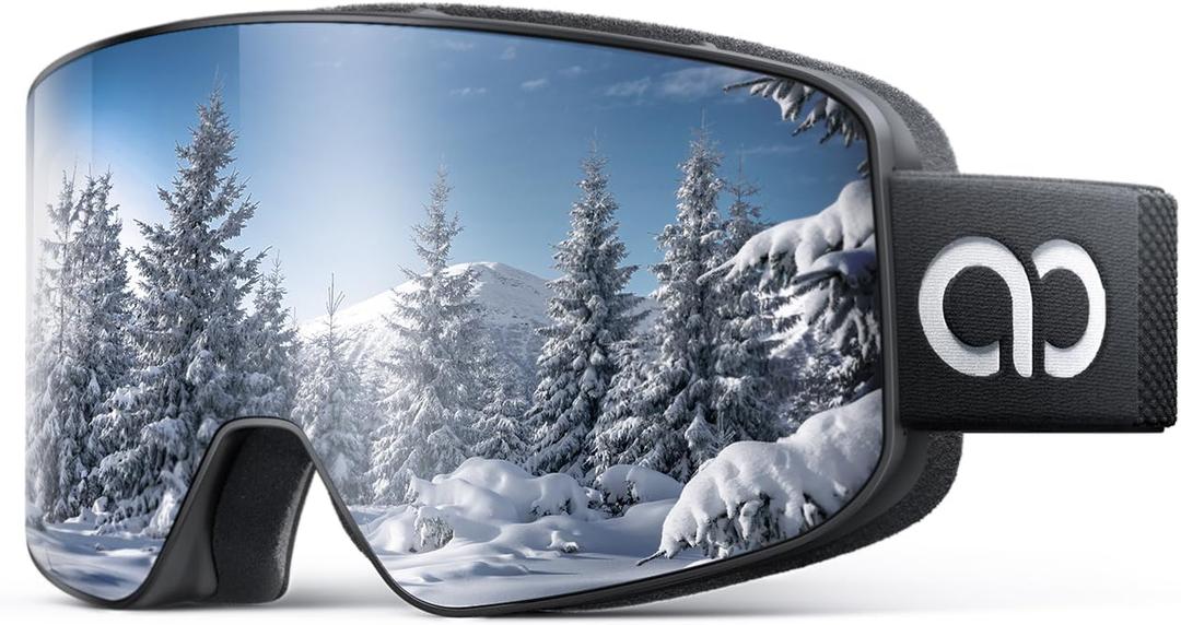 Lamicall Ski Goggles with 3X Anti-Fog - 100% UV Protection for Men Women, OTG Design for Skiing, Snowboard, Snowmobile (Black Frame - Silver Lens)