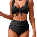 ZAFUL High Waisted Bikini Sets for Women Swim Suits 2025 Tummy Control Ruched Bikini Two Piece Bathing Suit Swimwear (Medium, Black)
