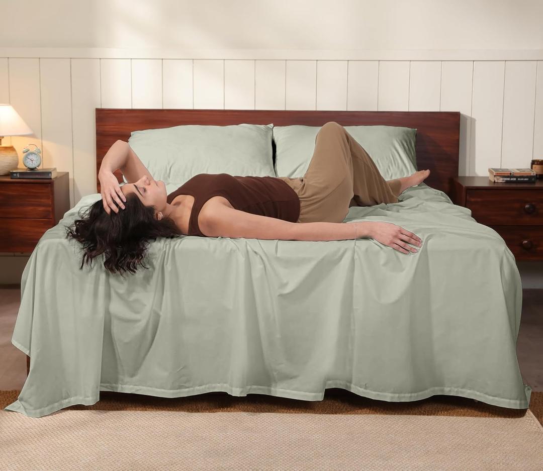 RUVANTI 100% Cotton Percale Sheets King Crisp Cooling Summer Bed Sheets for Hot Sleepers, Deep Pocket 14, Soft Peach Finish, Breathable & Durable Hotel-Style 4 Piece Set, Sage Green