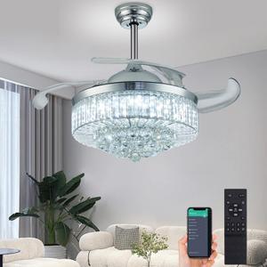 36" Dimmable Fandelier Crystal Ceiling Fans with Lights and Remote, Modern Chandelier Ceiling Fan with Invisible Retractable Blades for Bedroom Living Room Polished Chrome