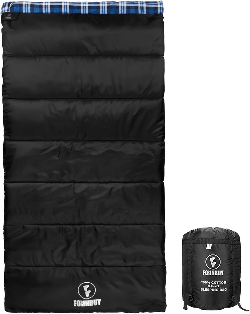Flannel Sleeping Bag Cold Weather for Adults XL Camping Cotton Sleeping Bag 4 Season Big and Tall, Waterproof with Compression Sack (Black -Blue (6.6lbs))