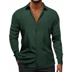 Hi-Tie Men's 4 Way Stretch Dress Shirts Long Sleeve Button Down Wrinkle Free Casual Formal Dress Shirt for Men (Green, XL)