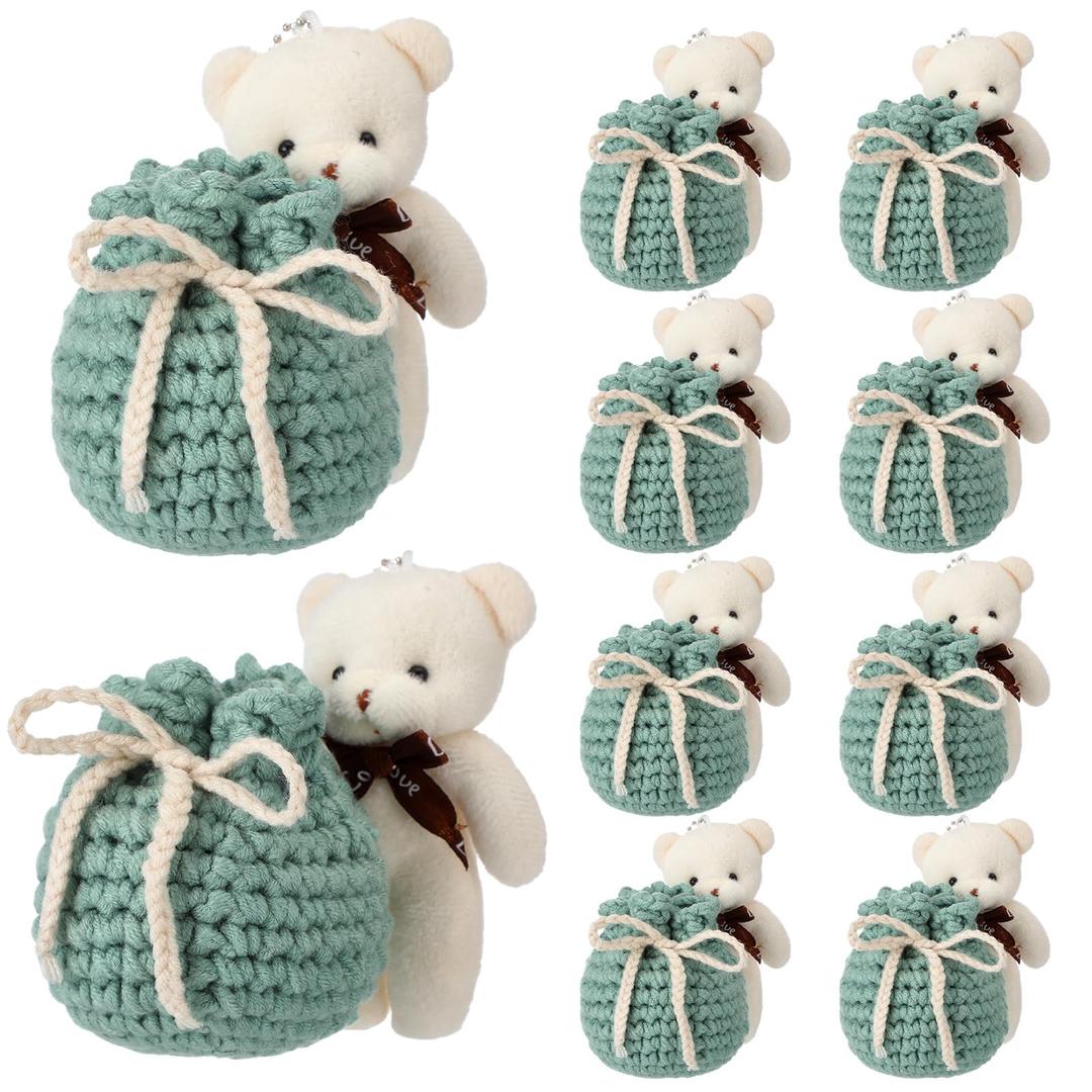 Riceshoot 10 Pack Crochet Bear Gift Bags Small Bear Baby Shower Favors Bulk 3.54 Inch Cute Bears Drawstring Bag for Baby Shower Gender Reveal Party DIY Keychain Birthday(Sage Green)