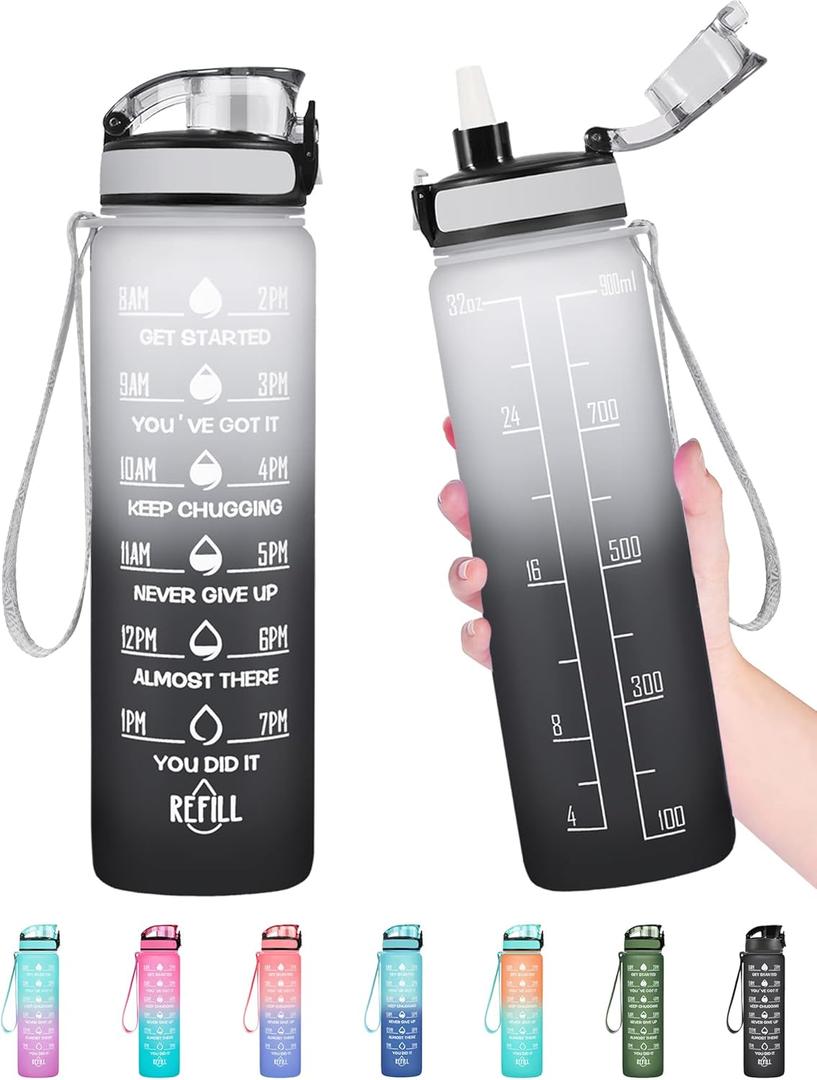 Enerbone Water Bottle, Leakproof BPA & Toxic Free, Motivational Water Bottle with Times to Drink and Straw, Fitness Sports Water Bottle with Strap for Office, Gym, Outdoor Sports,32 ounces 