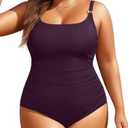 Women's Plus Size One Piece Swimsuit- Tummy Control Bathing Suit Ribbed Square Neck Swimwear 2025 Dark Purple, Size: 16 Plus