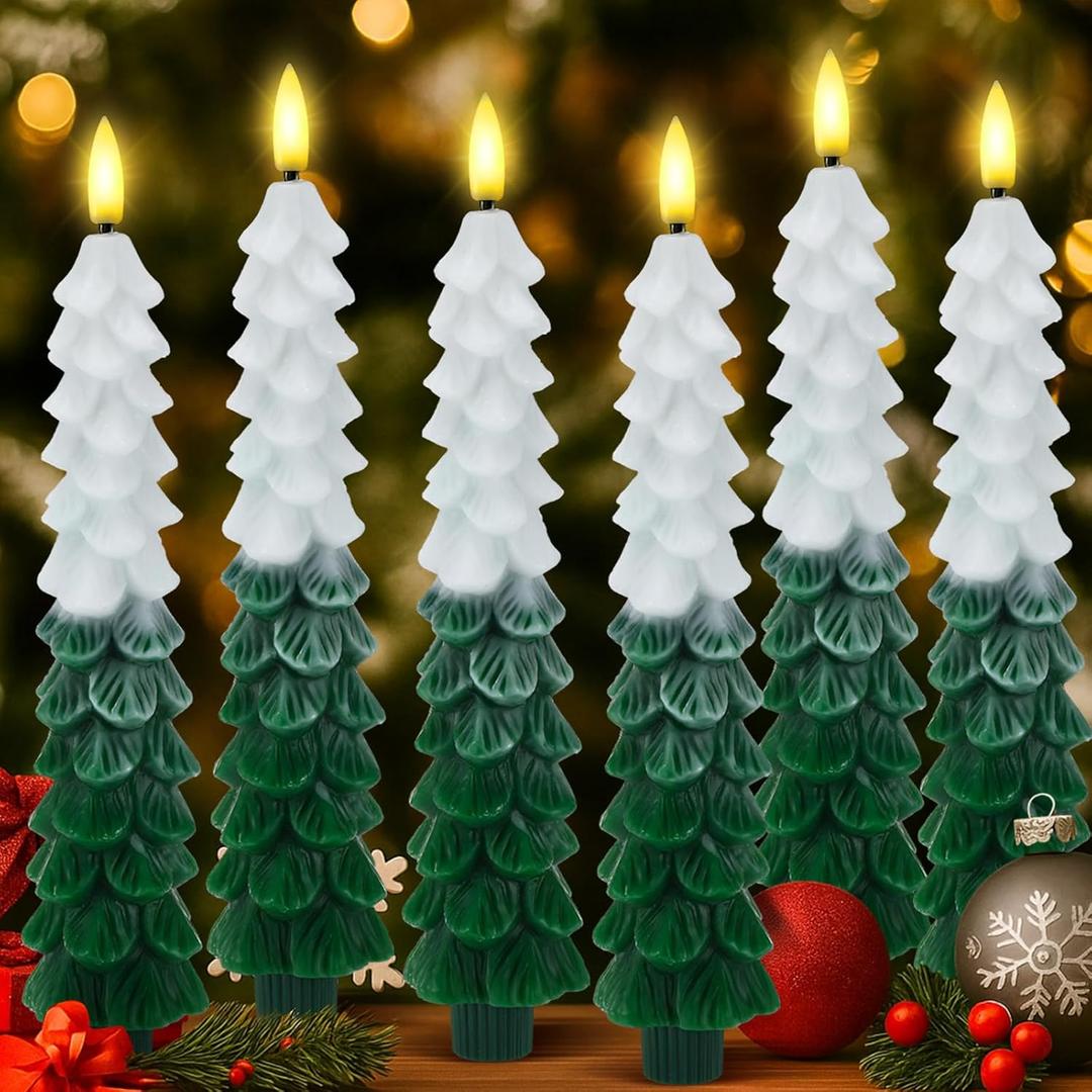 Funtery 6 Pcs LED Christmas Tree Flameless Taper Candles Real Wax Battery Operated Candlestick Lights with 3D Flame and Remote Timer Window Fireplace(Snow-Topped,Christmas Tree)