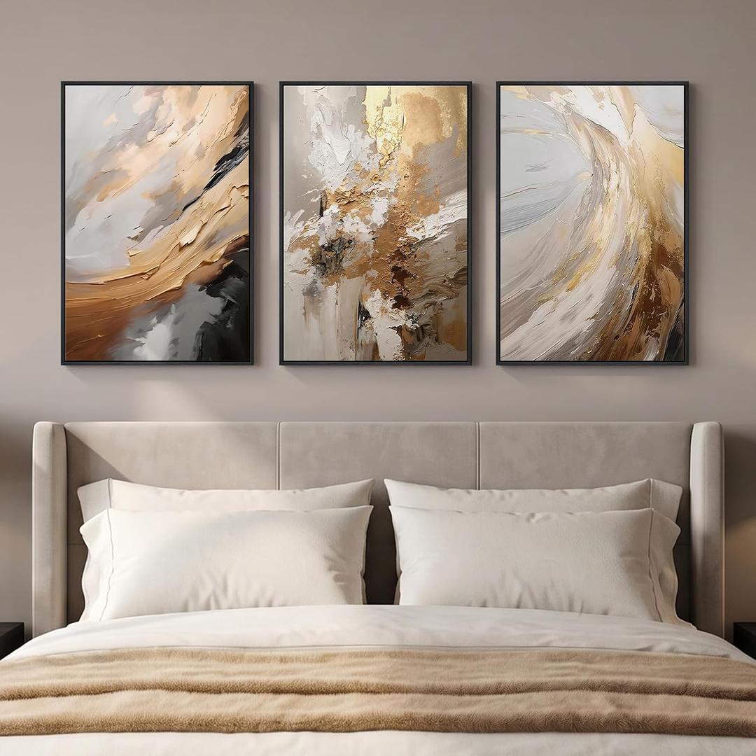 Framed Neutral Gold Abstract Wall Art for Bedroom, 3 Piece Set, 16x24 In, 16" W x 24" H x 3pcs