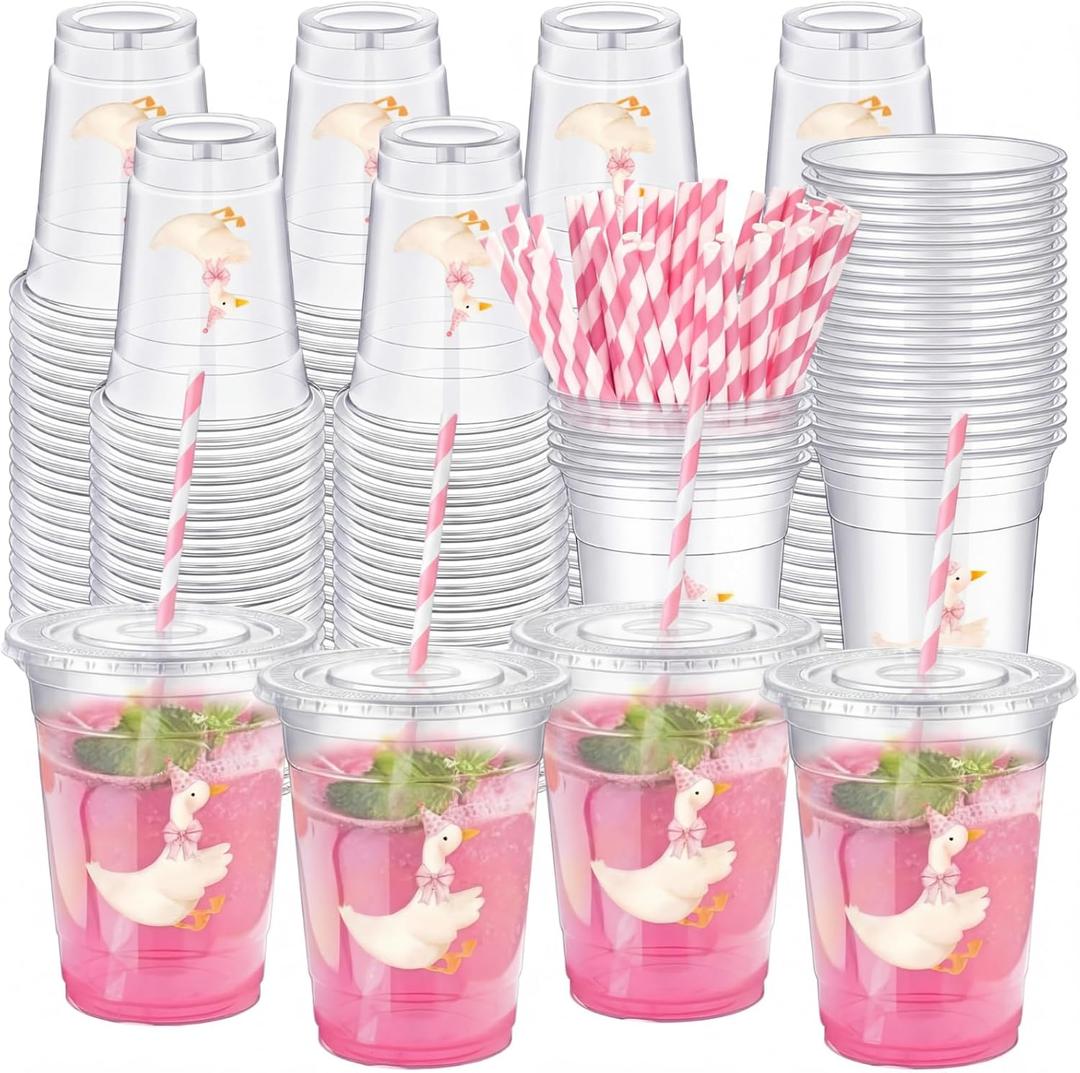 Jingmore 100 Pcs One Silly Goose Birthday Party Disposable Plastic Cups with Lids Straws 16 oz Cute Goose Decorations for Birthday Baby Showers Decorations Party Supplies (Pink)
