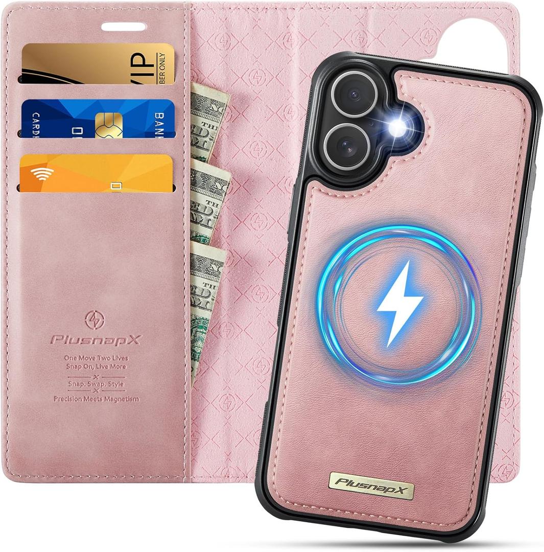 Wallet Case for iPhone 16 Plus Compatible with Magsafe, 2-in-1 PU Leather Flip RFID Blocking Card Holder Stand Shockproof Magnetic Detachable Cover for iPhone 16 Plus Case 6.7", Pink