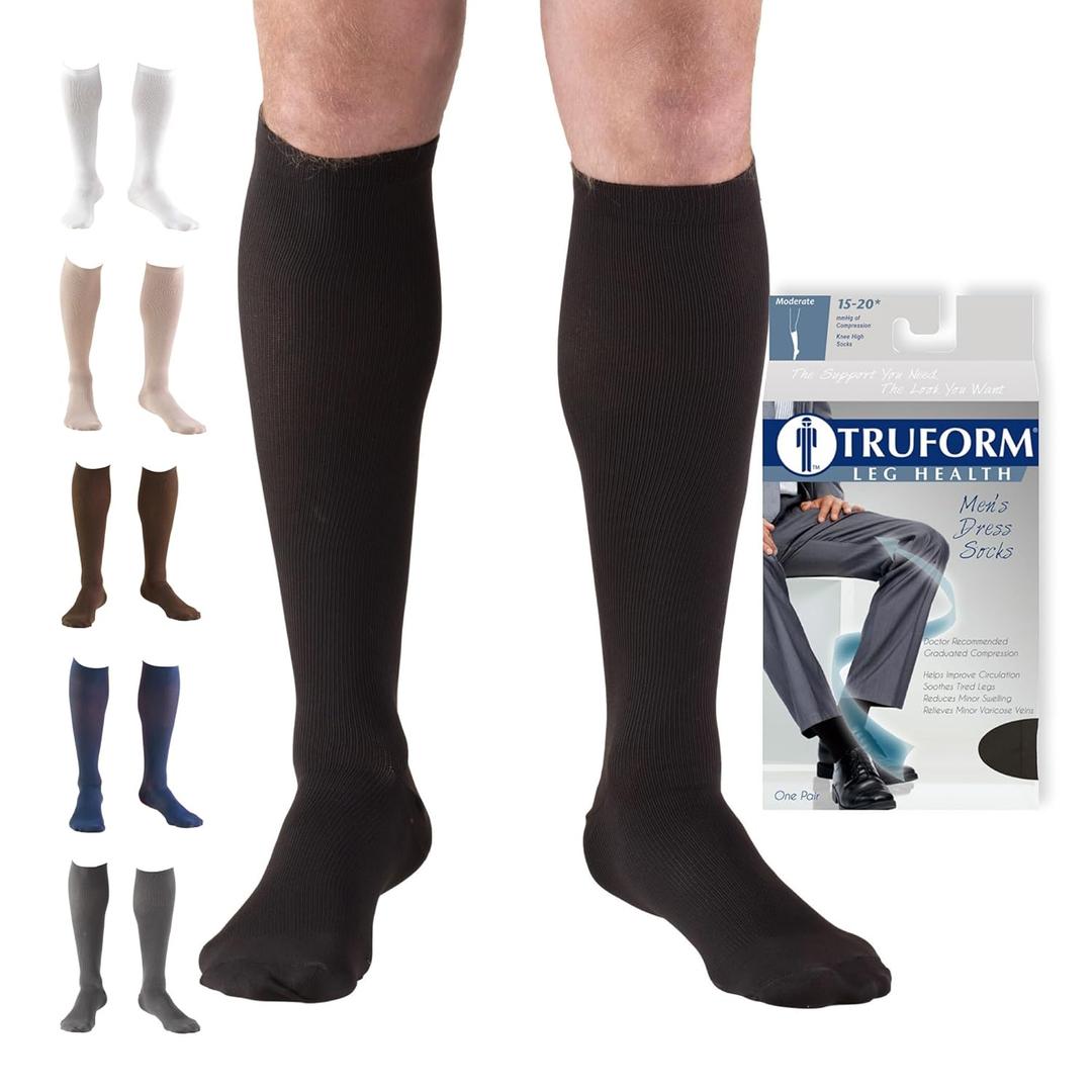 Truform Compression Socks, 15-20 mmHg, Men's Dress Socks, Knee High Over Calf Length, Black, X-Large