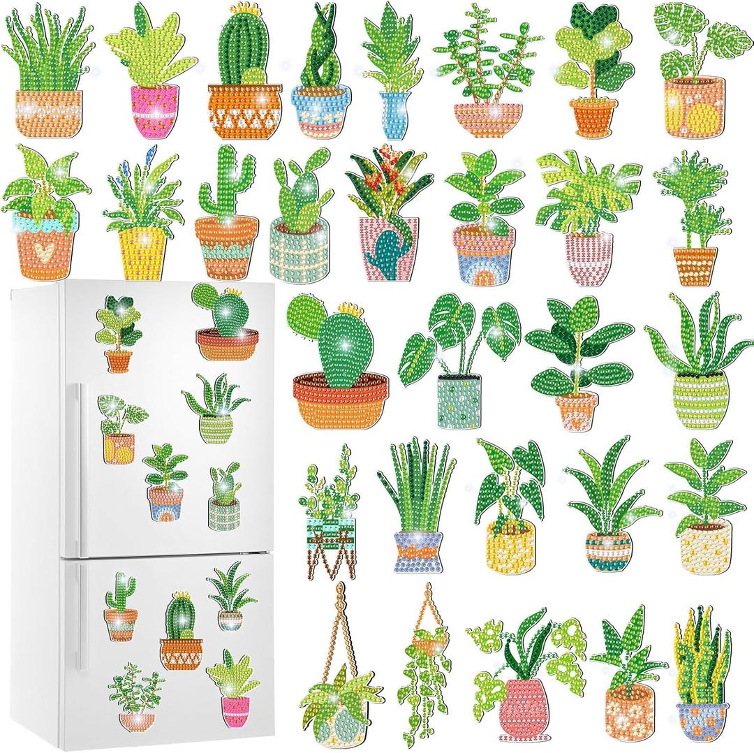 Xuhal 30 Pcs Potted Plants Diamond Painting Magnets Green Plants Diamond Art Magnet Kits for Adults Green Refrigerator Magnetic Sticker 5D Rhinestone Fridge Stickers for DIY Crafts Beginners Gifts
