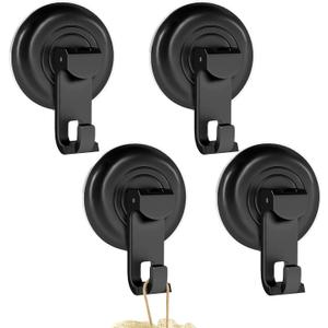 Suction Cup Hooks for Shower, Powerful Vacuum Suction Cup Hook for Towel, Robe, Loofah, No Hole Punched, Reusable Bathroom Towel Hooks, Black, 4 Pack