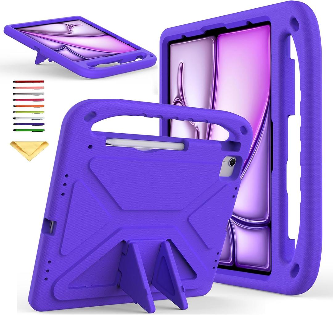 Kids Case for iPad Pro 12.9 inch Cover 6th/5th/4th/3rd Gen (2022/2021/2020/2018) with Kickstand/Handle/Stylus Pencil Holder Soft EVA Heavy Duty Shockproof Stand Girl Boy Cover, Purple