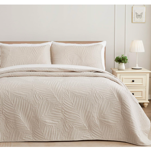 King Size Quilt Bedding Set, Lightweight Brich Beige Quilts King Size for All Seasons, Soft Microfiber Bedspreads Coverlets Bed Cover with Leaf Pattern, 3 Piece