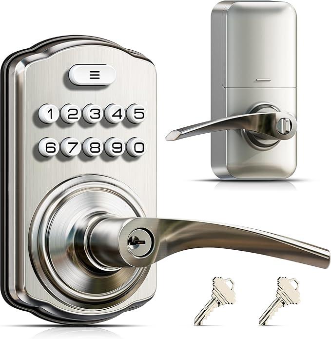 Keypad Door Lock with Handle, Keyless Entry for Front Door & Bedroom, Electronic Lock with Code, Auto-Locking, Easy Installation, Passage Mode, Satin Nickel