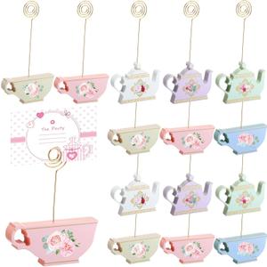 18 Pcs Tea Time Place Card Holders Wooden Teapot Teacup Table Card Holders Sign Stands for Spring Wonderland Wedding Holiday Baby Shower, Cards Not Included