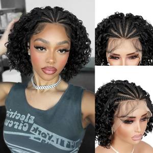quickwig Braided Wigs for Black Women Short Curly Bob Wig 13x4 Lace Front Wigs Pre Braided Handmade Cornrow Wig Glueless Bob Wigs Synthetic Curly Braids Wig Natural Black