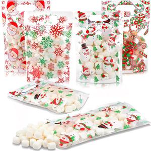 Pasimy 60 Pcs Christmas Bags with Zipper Sealing Candy Bags Bulk Resealable Xmas Treat Bag Christmas Sealing Bag with Handle Plastic for Xmas Winter Holiday Party Candy Small Gift Wrapping Supply