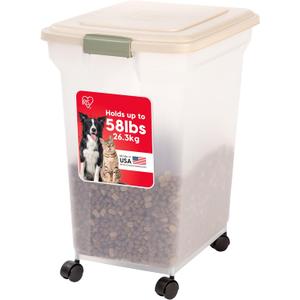 IRIS USA Dog Food Storage Container 58 lbs, Attachable Wheels, for Dog Cat Birds and other Pets, Food Storage Bin, Keep Fresh, Easy Mobility, BPA Free - Made in the USA, Almond/Clear