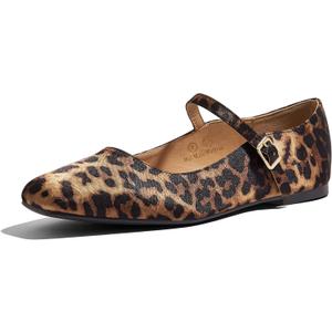 LUCKY STEP Women's Mary Jane Flat Shoes Comfortable Dress Shoes Ankle Strap Round Toe Retro Faux Leather Slip On Flats (7, Leopard)