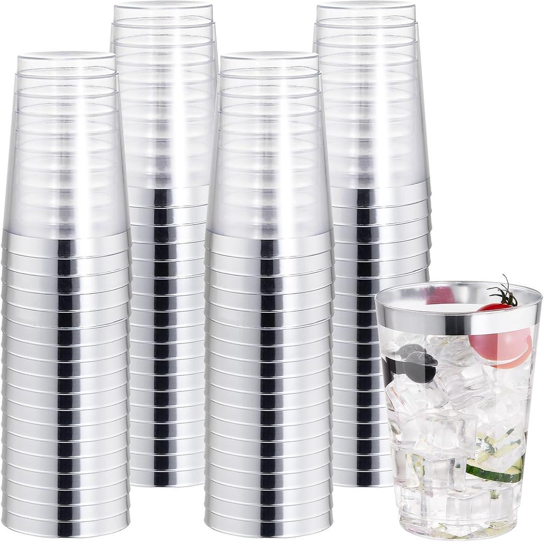 I00000 50 Pack 12 oz Silver Plastic Cups, Silver Rimmed Disposable Cups, Party Wine Glasses Disposable Cocktail Glasses Heavy Duty Cups with Silver Rim, 12 Ounce Plastic Tumblers For Party