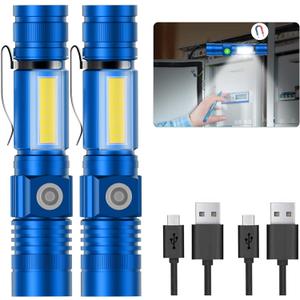 Hoxida Flashlight USB Rechargeable, Magnetic LED Flashlight, Super Bright LED Tactical Flashlight with Cob Sidelight, Waterproof, Zoomable Best Small LED Flashlight for Camping, Emergency - Blue