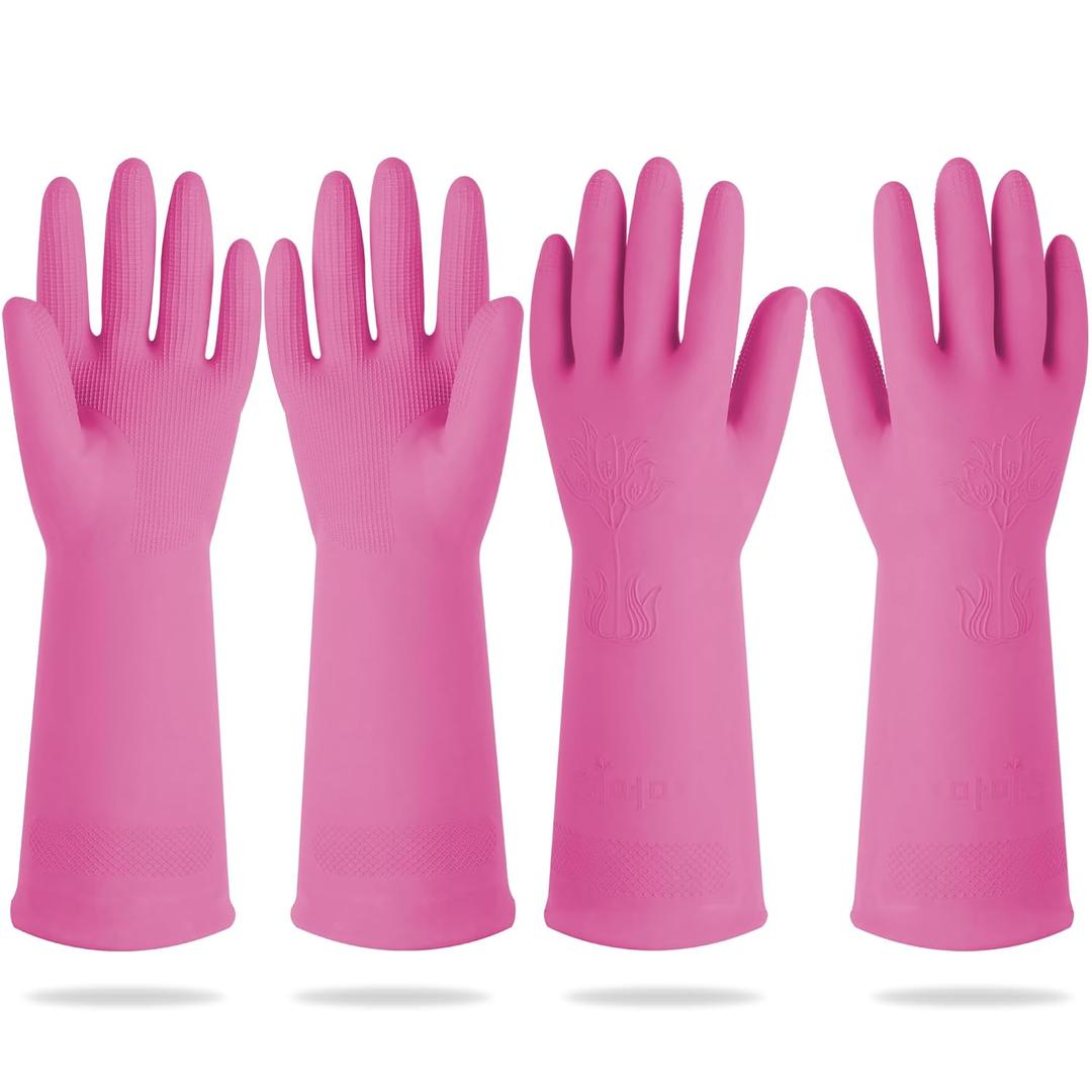 Mamison 2 Pairs Reusable Waterproof Household Dishwashing Cleaning Rubber Gloves, Non-Slip Kitchen Glove (Pink, Small (Pack of 2))