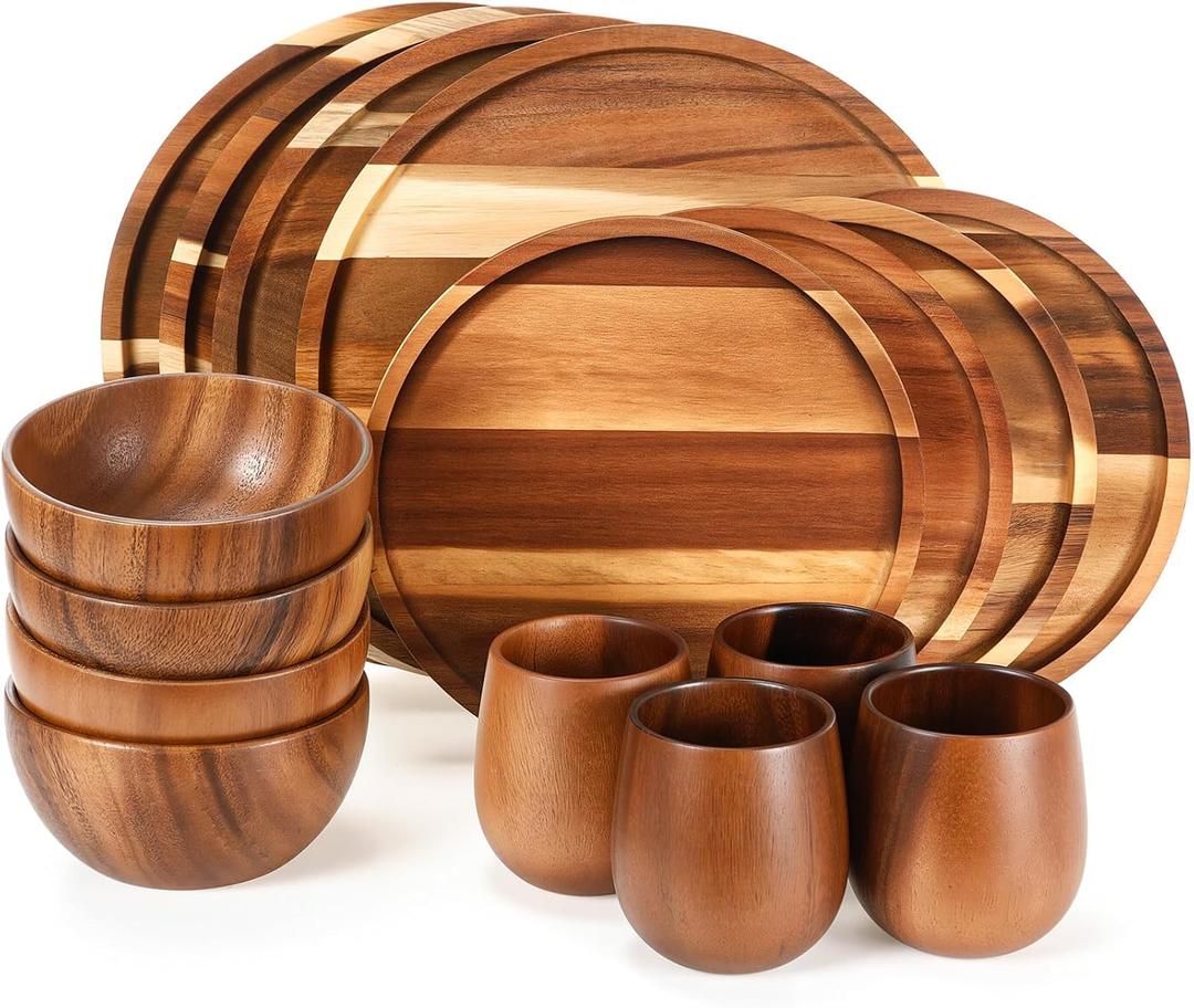 Maxdot 16 Pcs Acacia Wood Dinnerware Set, Round Wooden Plates,Solid Wooden Bowls and Tea Cups, Acacia Wood Tableware Supplies, Easy Cleaning & Lightweight for Dishes Snack, Dessert, Set for 4