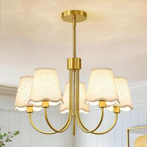 RUIYEY Modern Dining Room Chandelier - 20" 5-Light Gold Chandeliers Light Fixture with Fabric Shades, Height Adjustable Mid-Century Pendant Lighting Over Table for Bedroom Living Room Kitchen Island