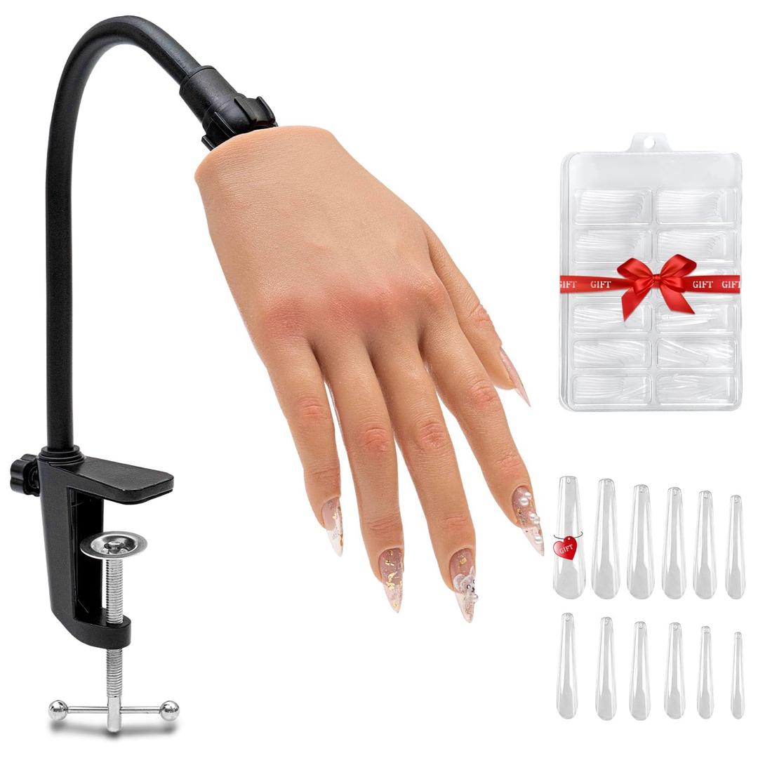 Nail Silicone Practice Hand For Acrylic Nails Training Fake Hand Nail Art Practice Tools Hand Tattooed Nail Jewelry Showcase Supplies Manicure Beginners suits (Style A - Set #3)