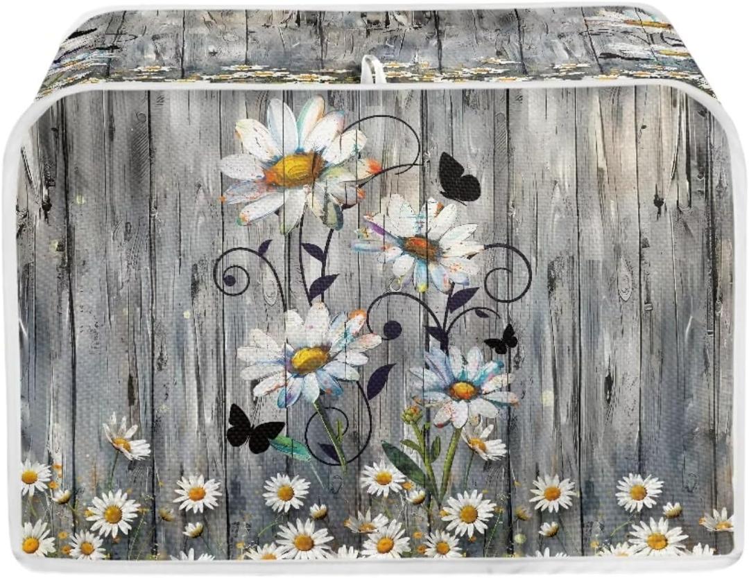 Lotusorchid Wood Daisy Toaster Dust Cover, 4 Slice, Washable Bread Maker Cover, Women Gift, Grey