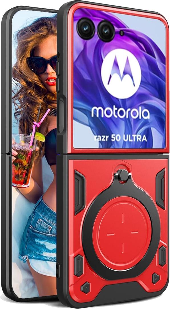 Case for Motorola Razr Plus 2024/ Razr 5/ Razr Gen 5 with Magnetic Ring Kickstand, Military Grade Heavy Duty Shockproof Protection Armor Cover for Motorola Razr 50 Ultra. JS-Red