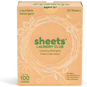Sheets Laundry Club Laundry Detergent Sheets, 100 Loads - Fresh Linen Scent, Eco-Friendly, Quick-Dissolving Formula, Hypoallergenic, Septic Safe, Plastic-Free Packaging - 50 Sheets
