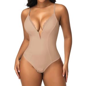 SHAPERIN Women's Lace Deep V Neck Cami Bodysuit Plunge Tummy Control Shapewear Thong Body Suits Double Lined Body Shaper (X-Large,Nude)
