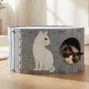2-in-1 Large Cat House for Indoor Cats, Felt Cat Cave with Cushion, Dual Entrances & Sisal Ball Toy, Enclosed Bed for Large Cats or Multi-Cat Use, Supports 88 lbs
