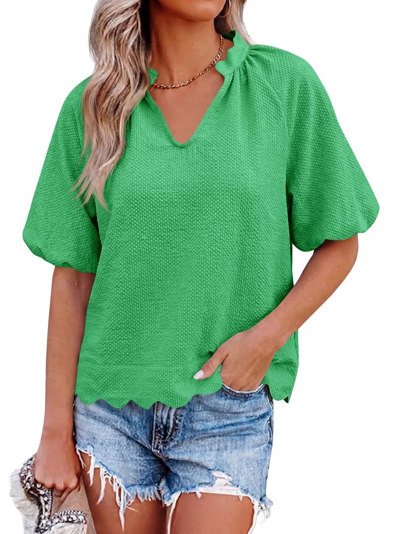 Tankaneo Womens Summer Puff Sleeve Tops V Neck Blouses Casual Tee Shirts (Green, L)