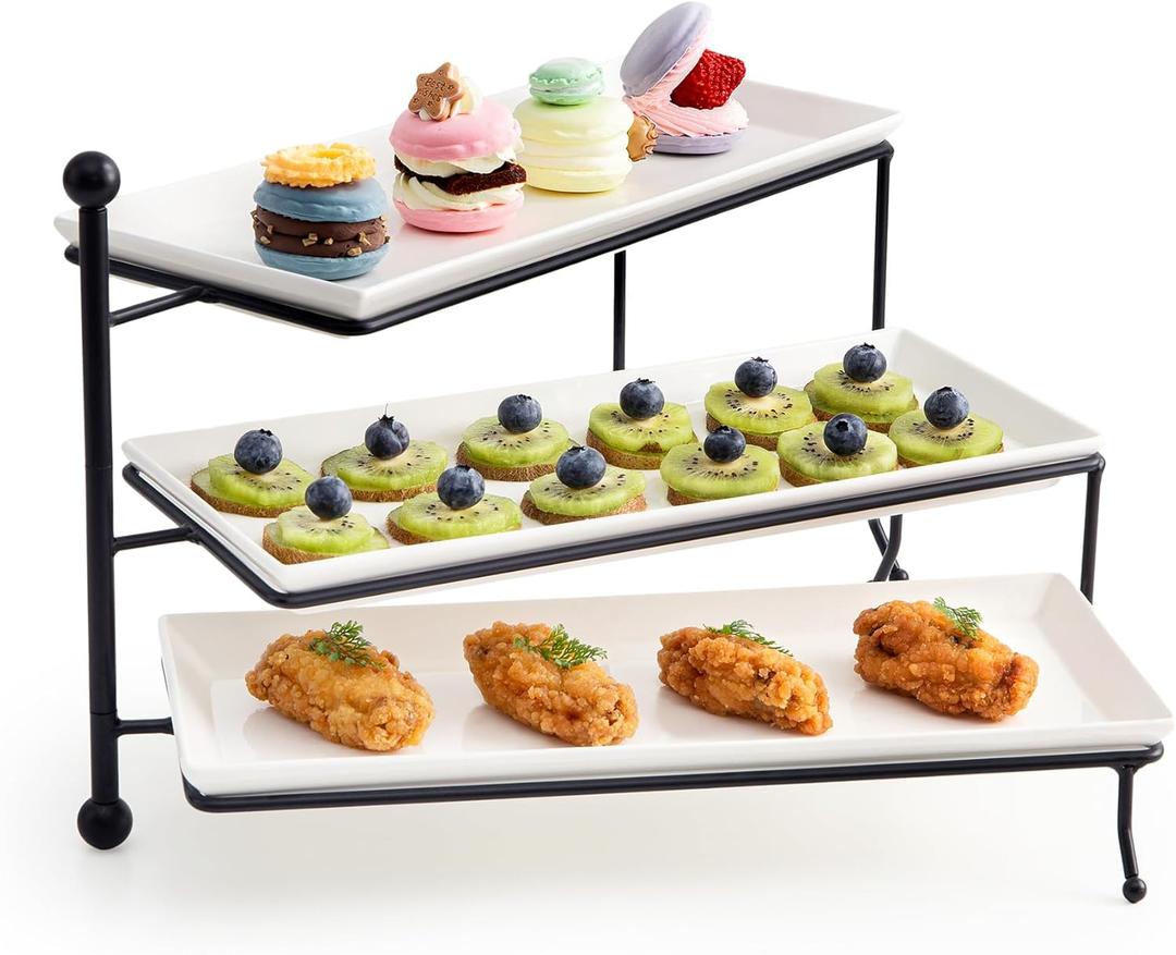 Sweese 3 Tiered Serving Stand, Foldable Rectangular Food Display Stand with White Porcelain Platters - Serving Trays, Dessert Display Server for Brithday Party, Valentine's Day and Events