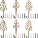 6 Pieces Shabby Chic Cast Iron Decorative Wall Mounted Hooks Retro Hanging Rustic Wall White Bathroom Towel Hooks with Screws and Anchors for Hanging Coat Towel, 3.15 x 7 Inch
