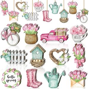 Maitys 36 Pcs Spring Flower Wooden Ornaments Sunflower Tulip Easter Tree Decoration Floral Gnome Hanging Wood Cutout Pastel Spring Decor for Home Small Tree Party(Sweet)