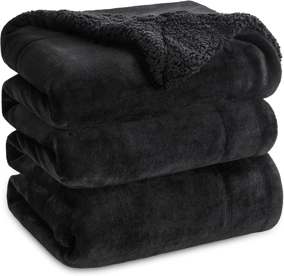 Bedsure Sherpa Fleece Blankets Queen Size for Bed - Thick and Warm, Soft Fuzzy Plush Queen Blanket for Winter, Black, 90x90 Inches (Queen (90" x 90"), 02 - Black)